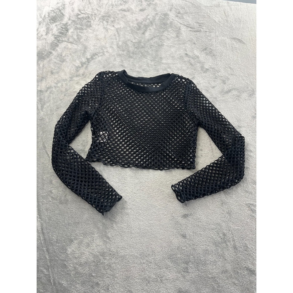 SHEIN Black Fishnet Mesh Crop Top Long Sleeve Sheer Goth Festival Women's Small